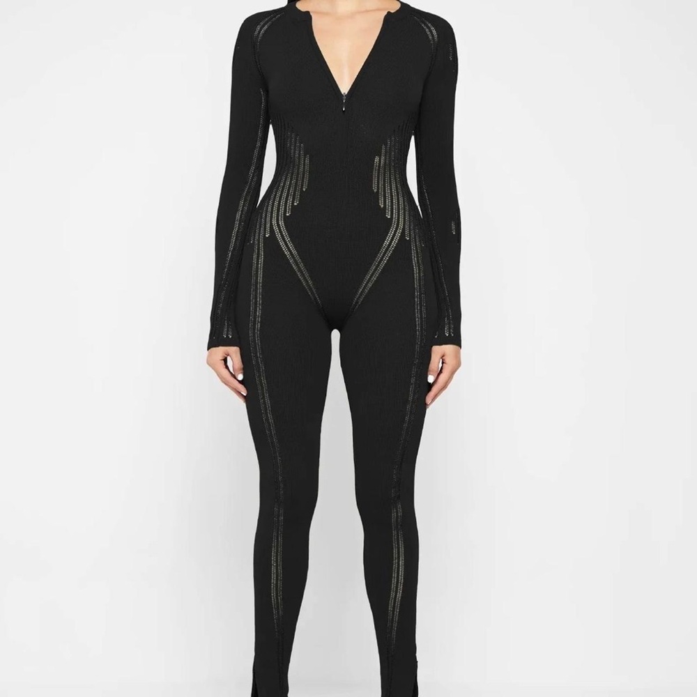 Maniere De Voir Small Jumpsuit Black Crochet Stretch Knit Contouring Catsuit